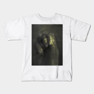 Digital collage and special processing. Clenched palm. Calm and soft. Like some fog, medieval. Like gold or bronze. Kids T-Shirt